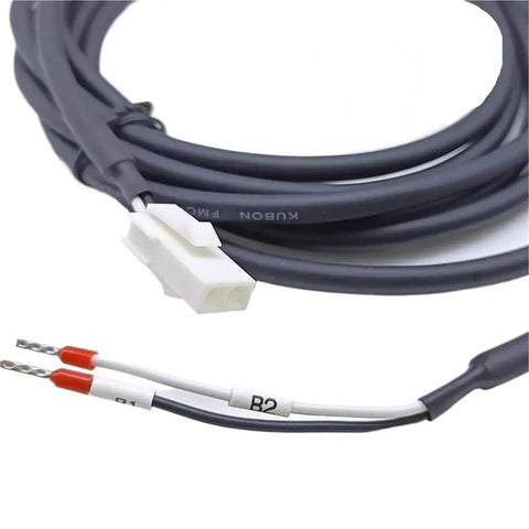 Servo motor brake cable with white 2-pin connector, gray sheath, white wires labeled R2 and B2, red crimp terminals