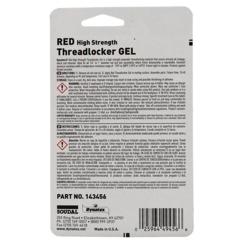Back of Red High Strength Threadlocker Gel 35ml Pump Bottle Industrial Grade Lock Tight For Nut And Bolt Assemblies packaging