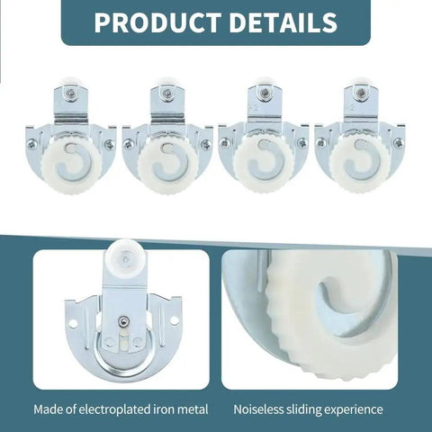 4 Pieces Sliding Closet Door Rollers Set With Eight Screws For Top Hung Wardrobe Sliding Doors Hardware Includes Two Roller Types Adjustable Door Hooks Durable Metal Wheels For Smooth Quiet Operation, shown in package with durable metal wheels and adjustable hooks.