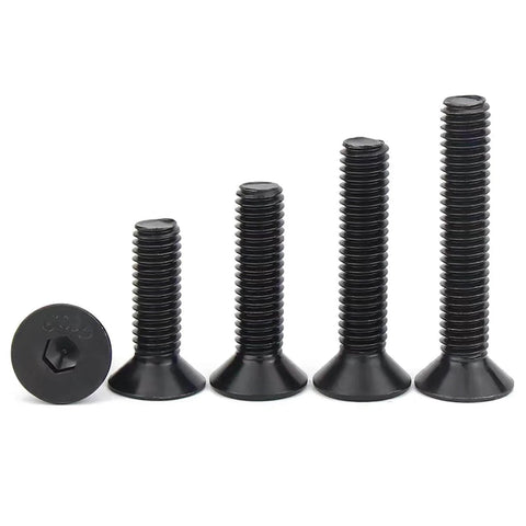 Flat Head Socket Cap Screws M1.6 X 5mm, 10.9 Grade Alloy Steel, DIN 7991, Black Oxide Finish, side view with Allen Drive and full thread