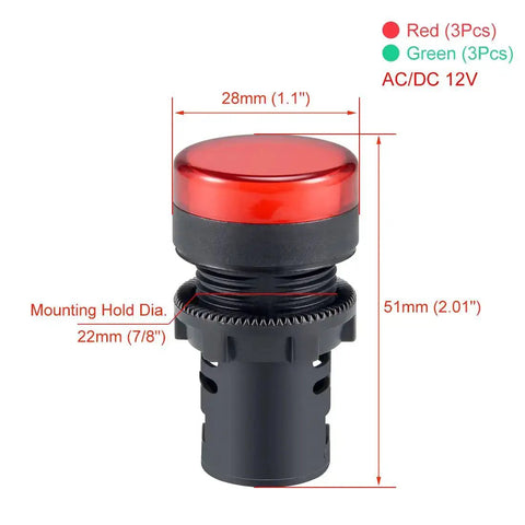 Six Pack Red Green Indicator Lights For AC DC 12V, 22mm Panel Mount, close-up of red light, screw clamp connection
