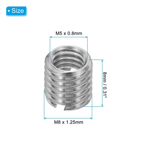 316 stainless steel thread adapter sleeve (reducing nut) with M8x1.25 and M5x0.8 thread sizes marked.
