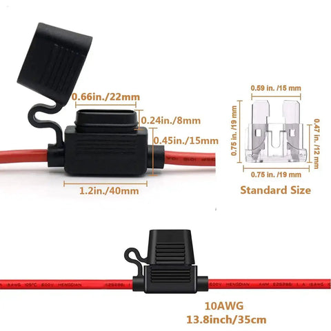 Inline Automotive Blade Fuse Holder Kit With 24 Car Fuses Pack Of 5 showing dimensions and 12 gauge wiring