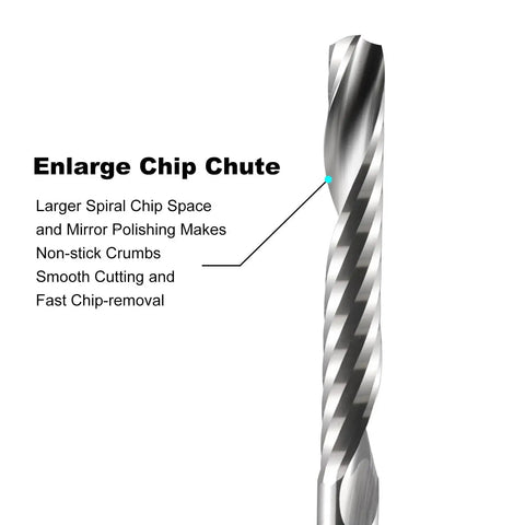 Illustration of O Flute End Mill One Eighth Inch Shank One Sixteenth Inch Cutting Diameter Carbide CNC Router Bit showing chip chute design.
