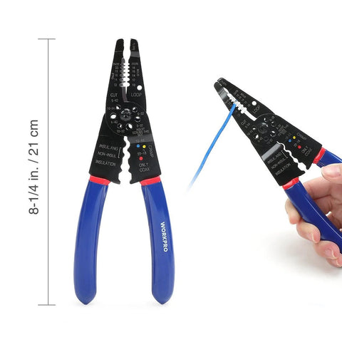 WORKPRO blue-handled crimping tool for terminals, 8.25 in long, black jaws with markings
