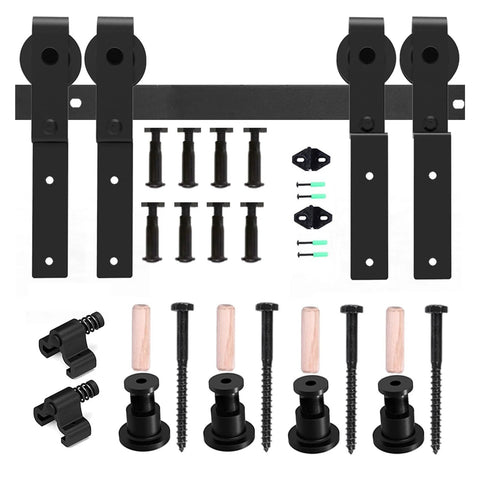 Barn Door Hardware Kit For Double Sliding Doors With Bypass Track System, Bent Hanger Rollers, Quiet Smooth Operation