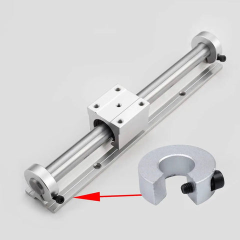 Four Pack SBR16 16mm Linear Rail Stop Collars Set Aluminum Alloy Shaft Lock Rings for CNC Tools with M4 Set Screws, shown installed.
