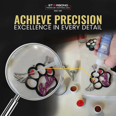 Premium Instant CA Glue For Woodturning And Inlay Projects, Super Fast Thin Formula With Extra Cap And Microtips, 4 Ounce Starbond in use on intricate craft.
