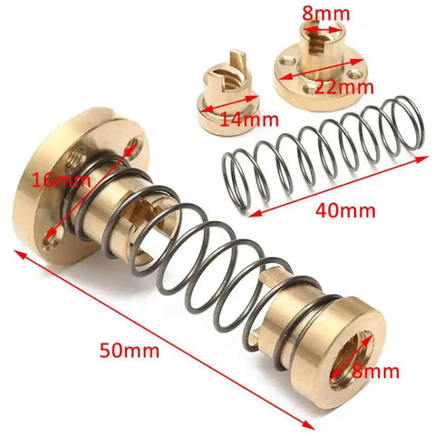 Anti Backlash Nut for 8mm Acme Lead Screws 2mm Pitch T8 Style, brass and stainless steel, spring-loaded DIY CNC and 3D printer parts.