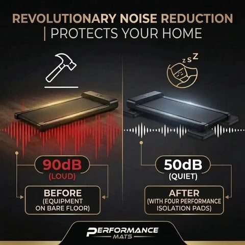 Comparison of noise levels before and after using 4 Pack Floor Protector Mats For Home Gym Treadmill And Bike Leg Pads.