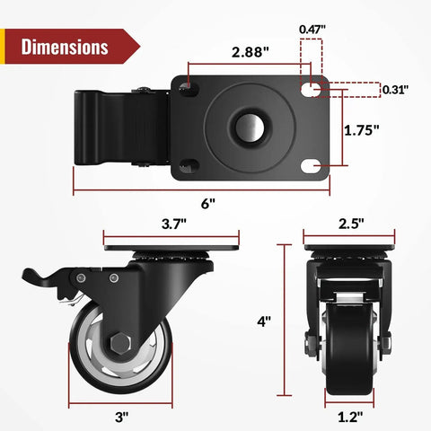 Image showing dimensions of Heavy Duty 3 Inch Caster Wheels Set Of 4 Swivel Castors With Safety Brake For Trolleys Workbenches Flight Cases.