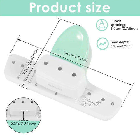 3 Hole Paper Puncher With Ergonomic Handle Grab And Go Portable Desktop Binder Punch dimensions and spacing details