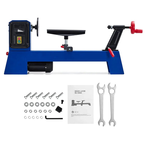 Beefy 14 Inch By 20 Inch Benchtop Wood Lathe With 400W Motor And Four Speed Settings 1040 1480 2130 2980 RPM For Fast Sanding And Polishing Finished Projects, shown with tools and manual