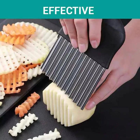 Crinkle Cutter Knife For Waffle Fries And Veggies Large Stainless Steel Potato Cutter With Plastic Handle in use slicing potatoes