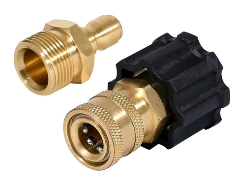 One Quarter Inch To M22 14mm Quick Connect Adapters For Pressure Washer Hose And Gun, Converts One Quarter Inch Quick Disconnect To M22 14mm, 4000 PSI High Power Hose Couplers, 2 Pack By YAMATIC, showing brass fittings and black plastic grip