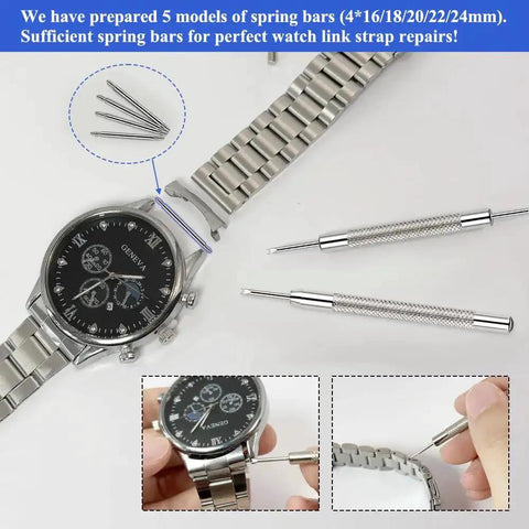 Heavy Duty Watch Band Pins Kit With 20 Spring Bars And Cleaning Cloth Pro Grade Replacement Pins And Link Removal Tool Includes Single And Double Ended Pin Punches For 16mm To 24mm Straps displayed with watch and tools
