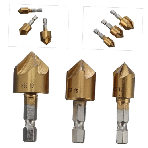 3 Piece Steel Chamfering Cutter Set With Self Centering Bifurcated Tip High Performance Milling Tool for precise drilling.