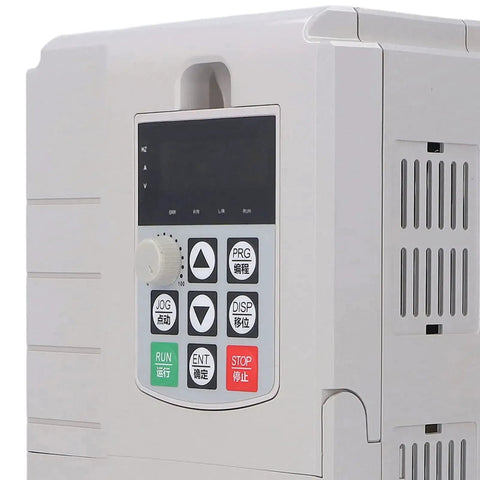 Single Phase 220V Input To 3 Phase 380V Output VFD Inverter for 7.5KW 45A spindle, front view showcasing control panel and buttons.
