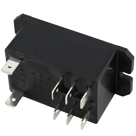 24VAC 30A general purpose high power relay with DPST NC contacts, black rectangular casing, side view showing metal connectors.