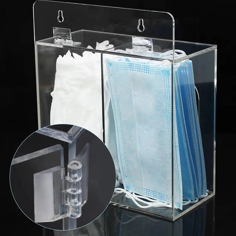 Close-up of acrylic self-adhesive clear hinge on transparent mask dispenser showcasing 12 Pack Acrylic Self Adhesive Clear Hinges Small Transparent Continuous Hinge For Cabinets Drawers Furniture DIY Display Stands 35 By 25 Mm Rotates 275 Degrees