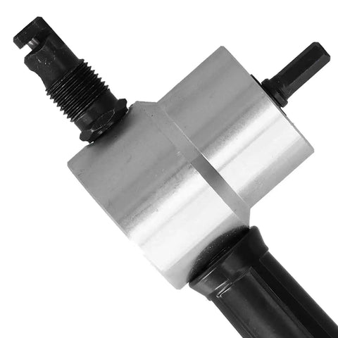 Close-up of Double Head Metal Cutter Sheet Nibbler Drill Attachment for metalworking with adjustable handle and high-speed steel