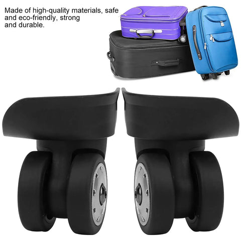 A88 Multi Hole Wheel Replacement Set for Small Black Trolley Suitcases, PP and PET caster wheels with luggage in background