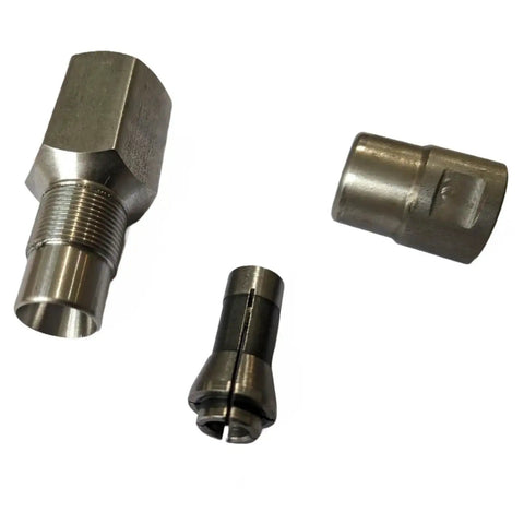 Five Eighth UNC Thread Adapter With One Quarter Inch Collet For Angle Grinders, stainless body, three-part set, 303 stainless, USA-made