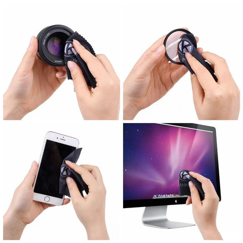 Using Lens And Screen Cleaning Kit With 3 Cleaning Sprays And 3 Microfiber Cloths on camera, phone, and monitor screens.