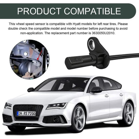 Surosha ABS rear-left wheel speed sensor, black automotive sensor for Heyue models; front car view with sensor close-up