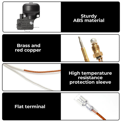 Dump switch module for outdoor heaters; black ABS plastic housing
Thermocouple components with brass and red copper fittings
High-temperature resistance protection sleeve on heater wiring
Flat terminal connector for wiring/thermostat