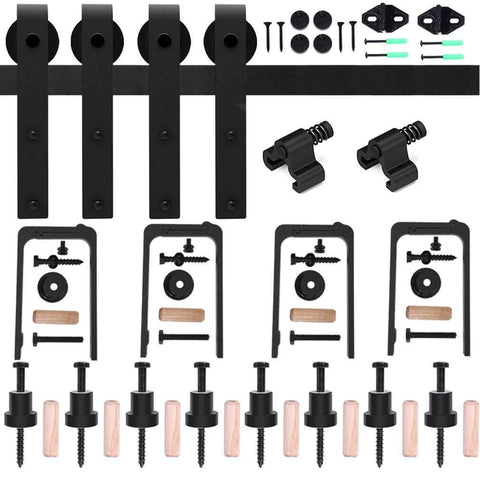 Heavy Duty Bypass Sliding Barn Door Hardware Kit For Low Ceiling Spaces, steel rails, nylon rollers, 12-foot double track