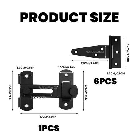 Sliding Barn Door Lock And Latch Set With Six 3 Inch Hinges, 180 Degree Flip Latch, product size diagram.