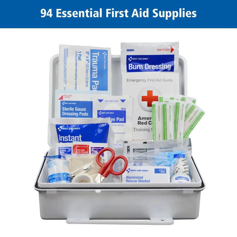 ANSI 2021 A OSHA Compliant 94 Piece 25 Person First Aid Kit with bandages, gauze, scissors, burn cream, and gloves displayed open