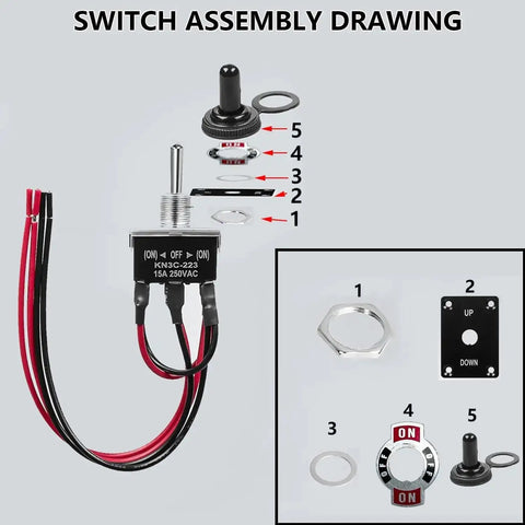 Switch assembly drawing for Beefy 12V Linear Actuator with polarity reverse switch components labeled.