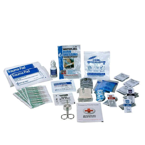 Emergency First Aid Kit Refill Supplies for Business 89 Piece ANSI 2015 A OSHA Compliant Set with diverse medical items displayed.