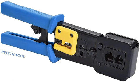 Pro Grade Ethernet Crimp Tool For Pass Through And Standard Ends Heavy Duty Crimper with blue handles and black body