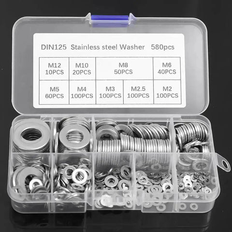 580 Piece Stainless Steel Washer Set From M2 To M12 With Flat And Spring Lock Washers for Home Auto and Industrial Projects