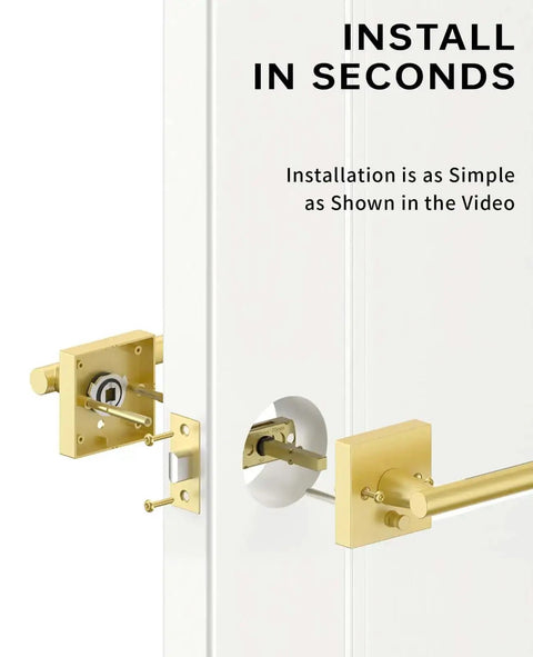 Installing the Gold Privacy Door Handle Set With Keyless Interior Button on a door, showcasing easy assembly and modern design.