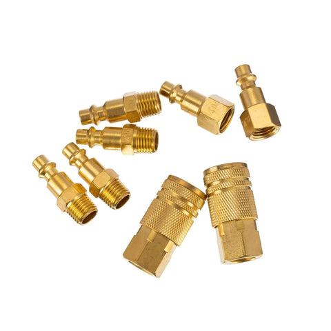 Brass Air Hose Fittings Kit With One Quarter Inch NPT Quick Connect Couplers Eight Piece Industrial Air Hose Repair Set For Compressors 300 PSI Max Durable Brass Components For Home Garage And Pro Use, shown in a scattered layout.
