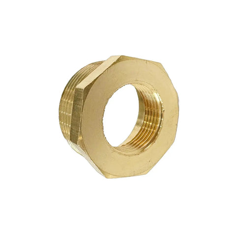 Brass Reducer Hex Bushing 1-1/4 Inch Male NPT To 3/4 Inch Female NPT Threaded Pipe Fitting, durable brass construction, side view