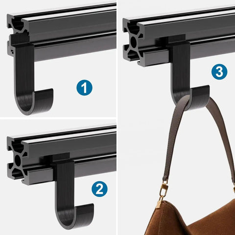 2020 Series Mini Hanging Hooks For European Standard Aluminum Extrusion holding a brown bag on black linear rail.