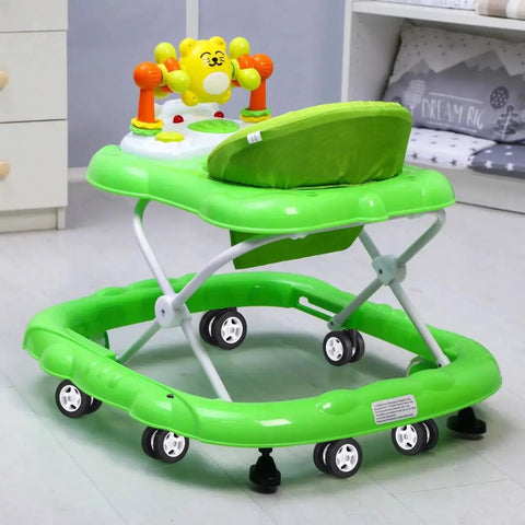 Green baby walker with toy tray and 4 Pcs Baby Walker Wheel Replacement Casters With 0.3 Inch Mounting Hole for easy steering and installation.