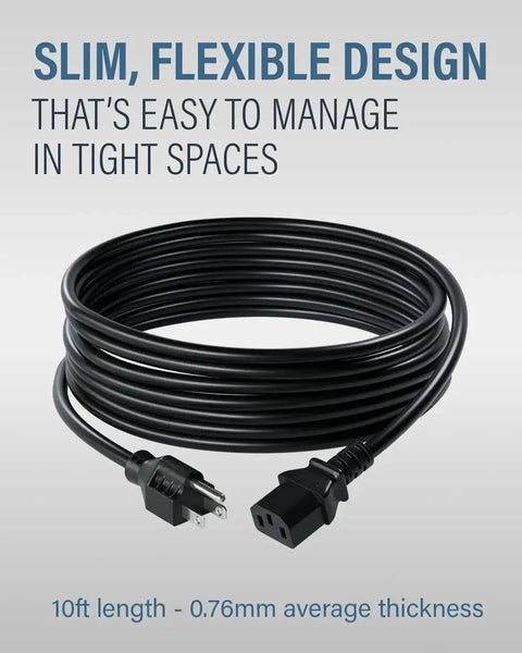 10 Foot Shielded Replacement AC Power Cord NEMA 5 15P To IEC 320C13 Cable coiled on display with connectors visible
