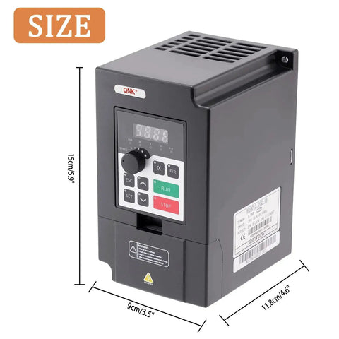 Beefy 1.5KW 2HP 110V AC VFD Converter Single To 3 Phase Inverter for CNC Spindle Motor, front view with size dimensions.