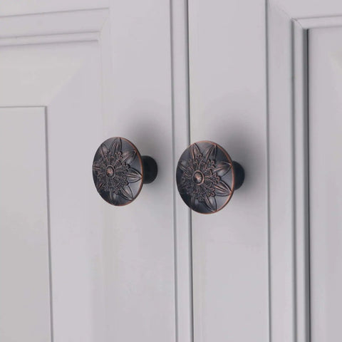 Oil Rubbed Bronze Cabinet Knobs Set 10 Pack One Point Four Inch Round Floral Design For Kitchen Cabinets And Drawers