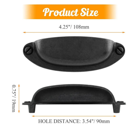 Antique Black Cabinet Cup Pull Handles 3.5 Inch Hole Centers, side view with dimensions, vintage shell pulls 6 pack, zinc alloy