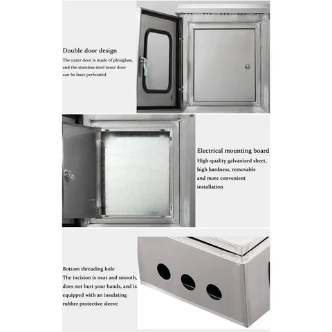 Stainless Steel Outdoor Weatherproof Electrical Junction Box With Mounting Panel And Hinged Cover, double door design, threading holes.