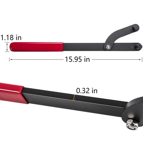 Side view of E-cowlboy camshaft pulley holding tool with red handle and black arm, 15.95 in.
