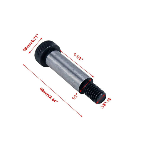 Beefy Alloy Steel Hex Socket Shoulder Screw showing 1/2 inch diameter, 1-1/2 inch length, and 3/8-16 UNC threads.