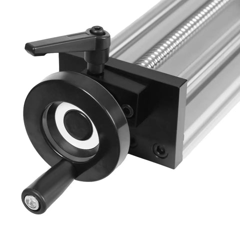 Manual Sliding Table Linear Rail Guide With 9.84Inch Dual Optical Axis Easy Manual Positioning Rail For CNC Machines 66 Lb Load Capacity Aluminum Ballscrew Design Built Tough And Durable, close-up view showing black handle and aluminum construction.